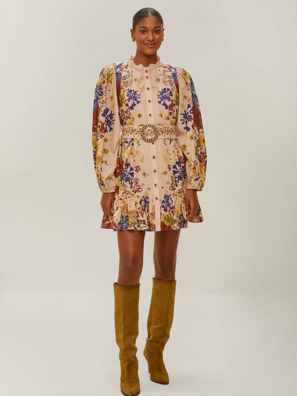 NWT FARM Rio Pink Beauty Bouquet Puff Sleeve Mini Dress, Size L Autumn Hues